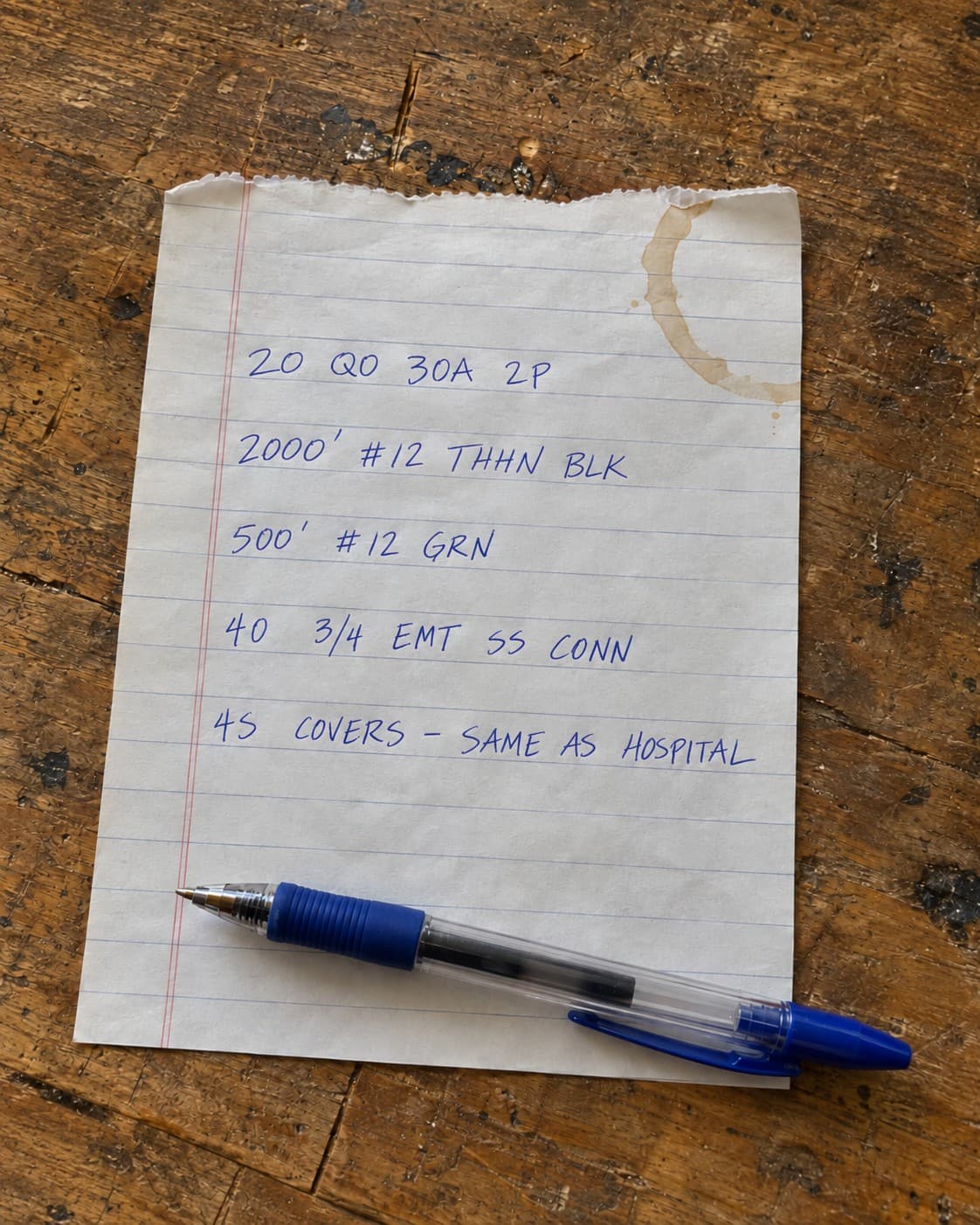 A handwritten counter list on lined paper: 20 QO 30A 2P, 2000 feet #12 THHN black, 500 feet #12 green, 40 3/4 EMT set screw connectors, 4S covers same as hospital.