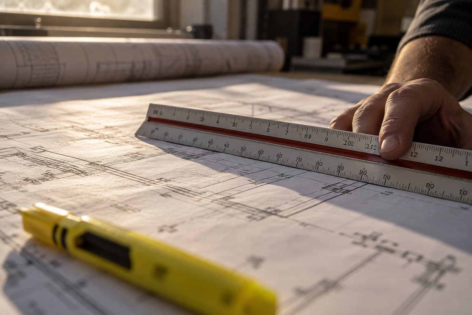 An estimator's hand holding a scale ruler across a large drawing sheet in low morning light, a highlighter in the foreground and rolled drawings behind.