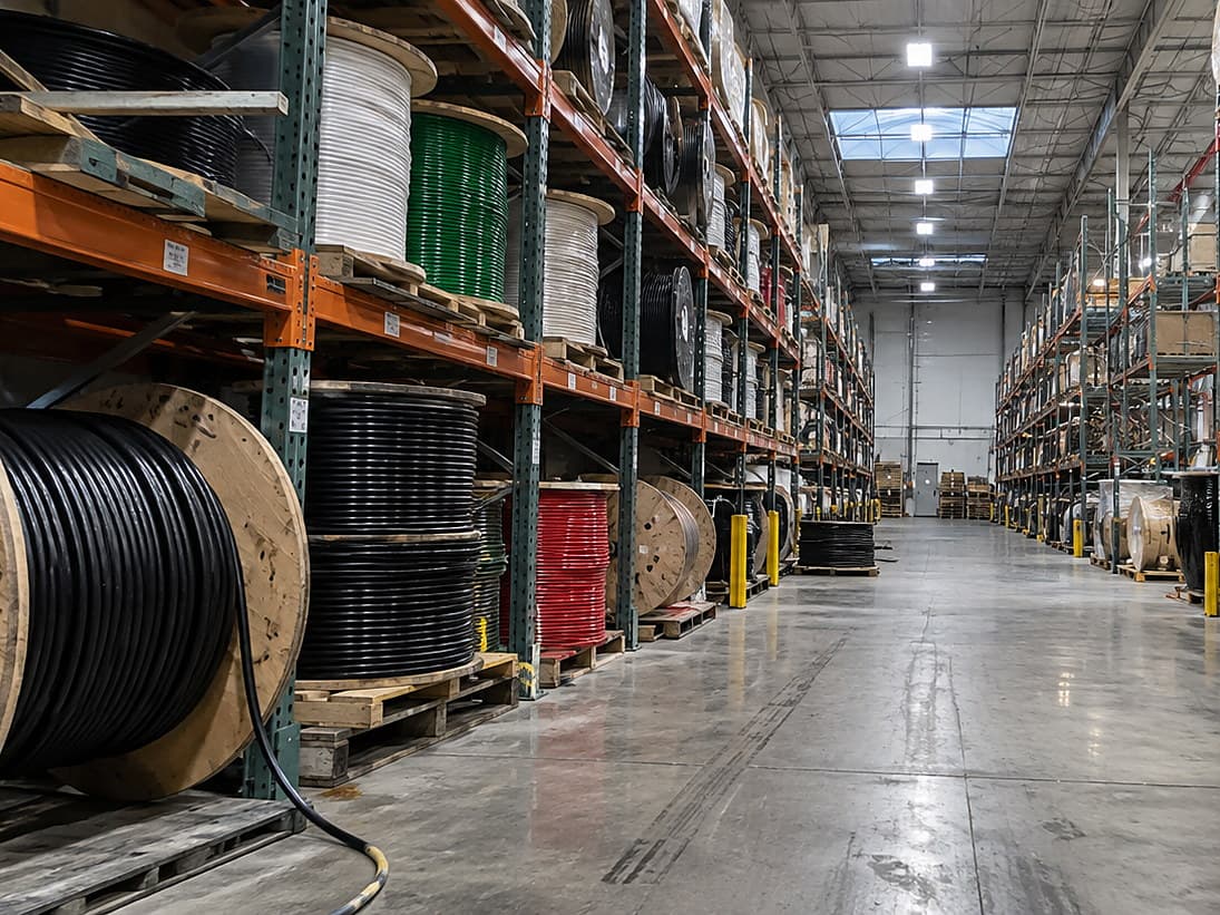 A warehouse aisle lined with reels of black, white, red, and green building wire on pallet racking.